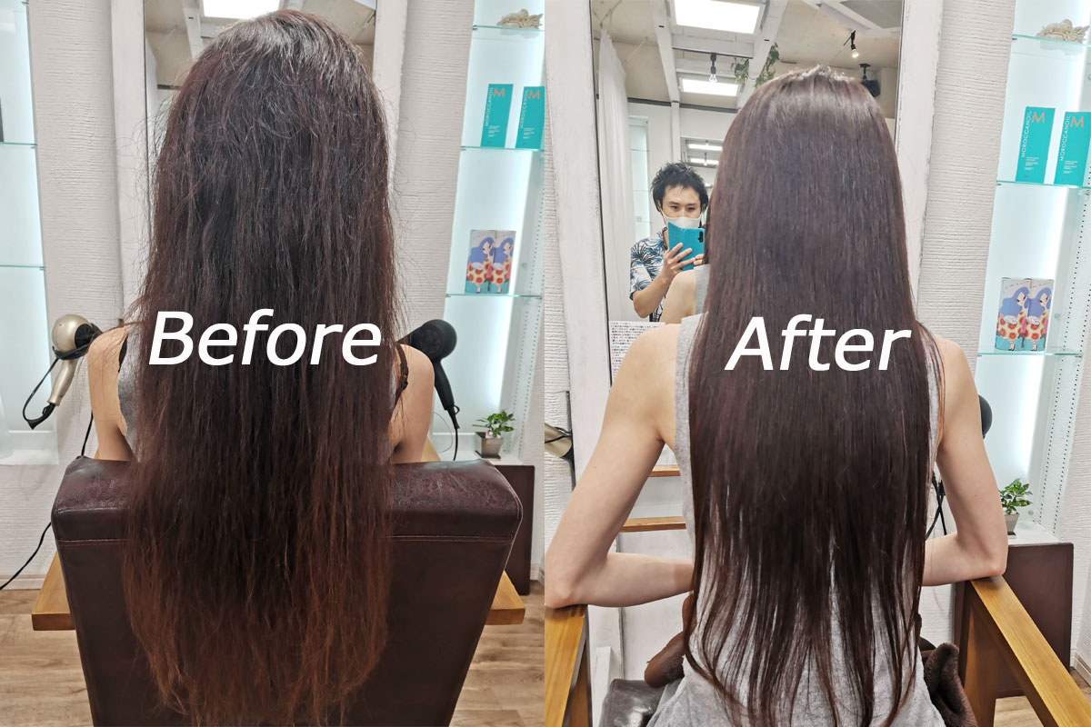 日本東京涉谷區美髮沙龍可以用中文Ref hair的髮改善護髮後，變的有亮度·美麗的頭髮before/after3