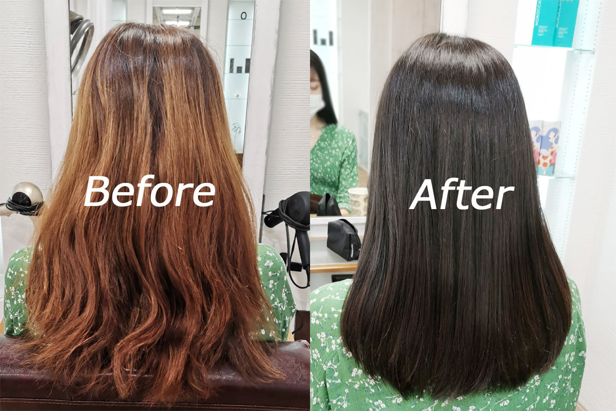 日本東京涉谷區美髮沙龍可以用中文Ref hair的髮改善護髮後，變的有亮度·美麗的頭髮before/after