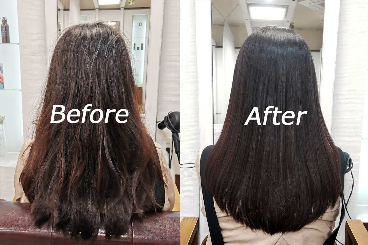 日本東京涉谷區美髮沙龍可以用中文的髮改善護髮後，變的有亮度·美麗的頭髮before/after