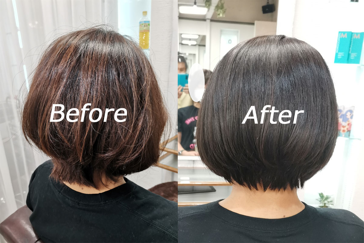 日本東京涉谷區美髮沙龍Ref hair可以用中文的髮改善護髮後，變的有亮度·美麗的頭髮before/after2